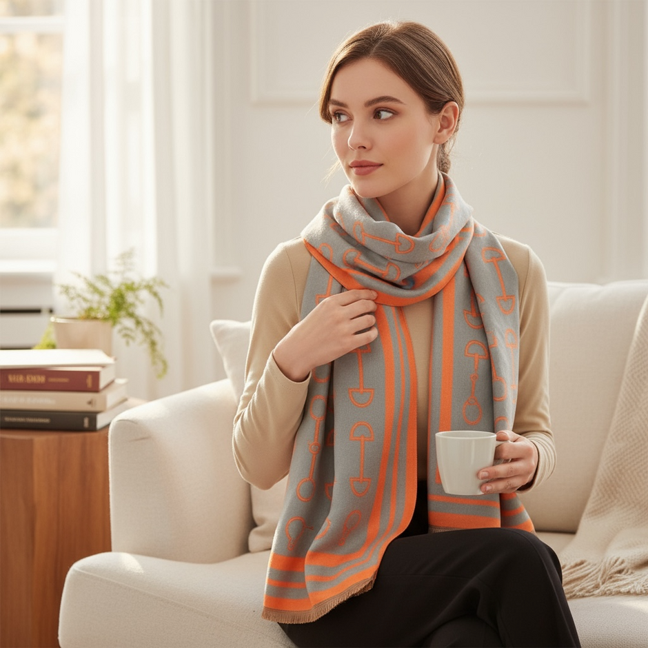 Snaffle Bit Print Scarf (Petrol Blue & Orange)