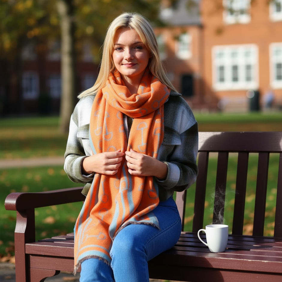 Snaffle Bit Print Scarf (Petrol Blue & Orange)
