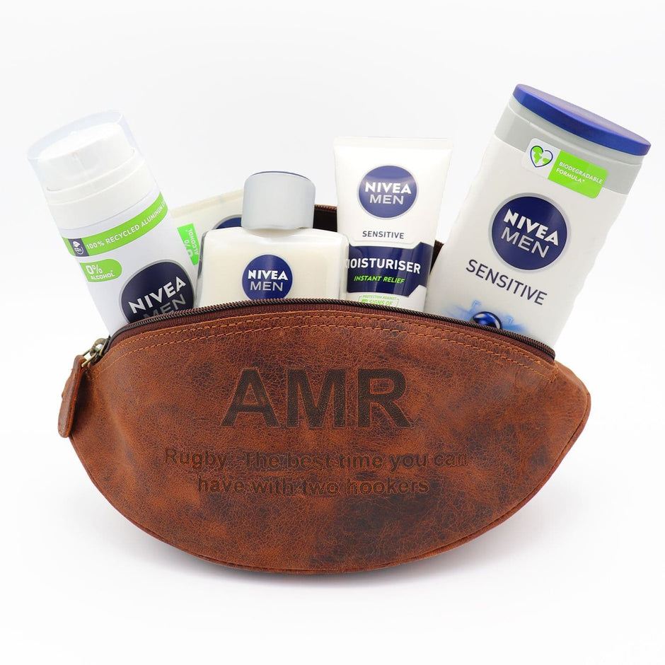 Personalised Leather Rugby Ball Wash Bag