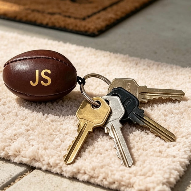 Personalised Brown Vintage Leather Rugby Ball Keyring