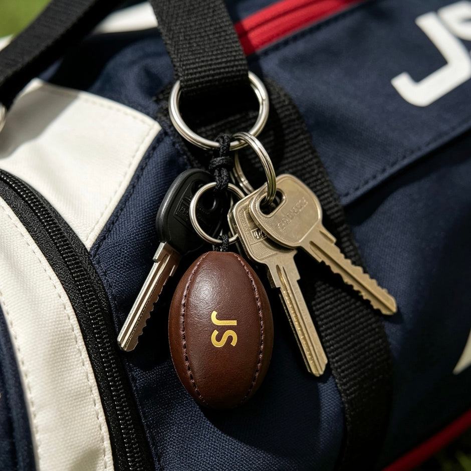 Personalised Brown Vintage Leather Rugby Ball Keyring