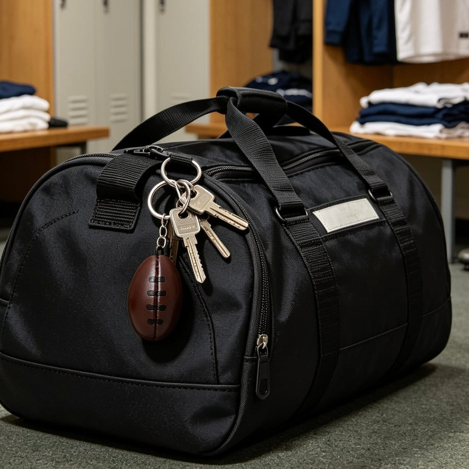 Personalised Brown Vintage Leather Rugby Ball Keyring