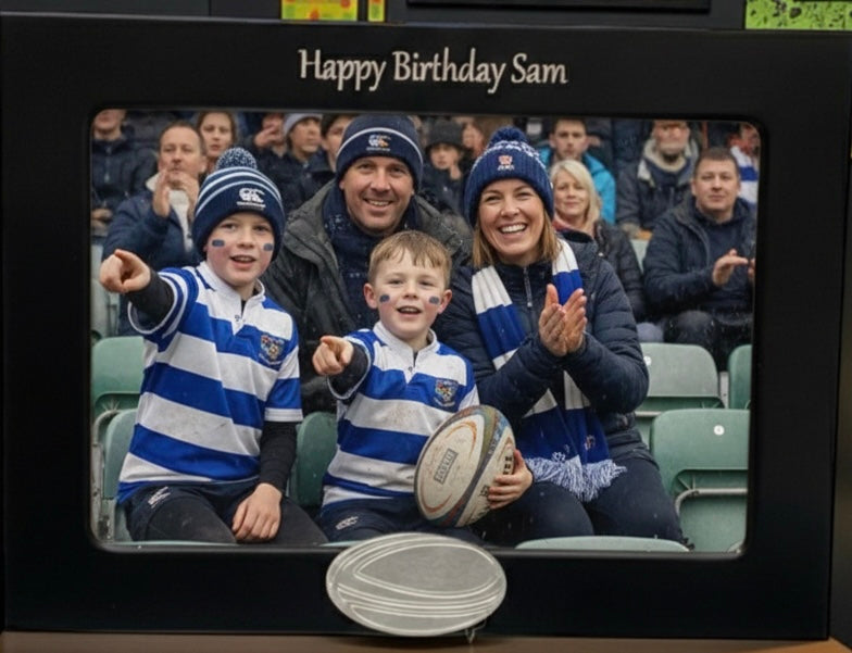 Personalised Rugby Photo Frame With Rugby Ball Motif