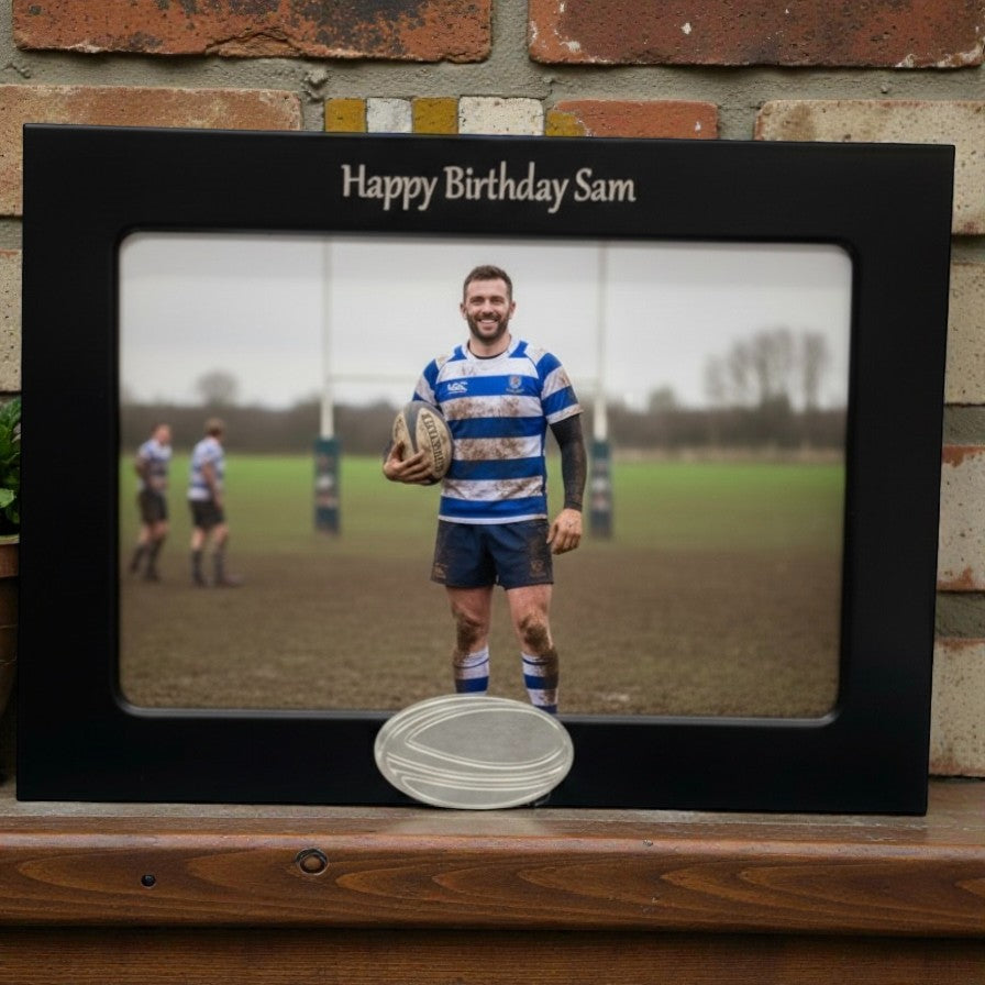 Personalised Rugby Photo Frame With Rugby Ball Motif
