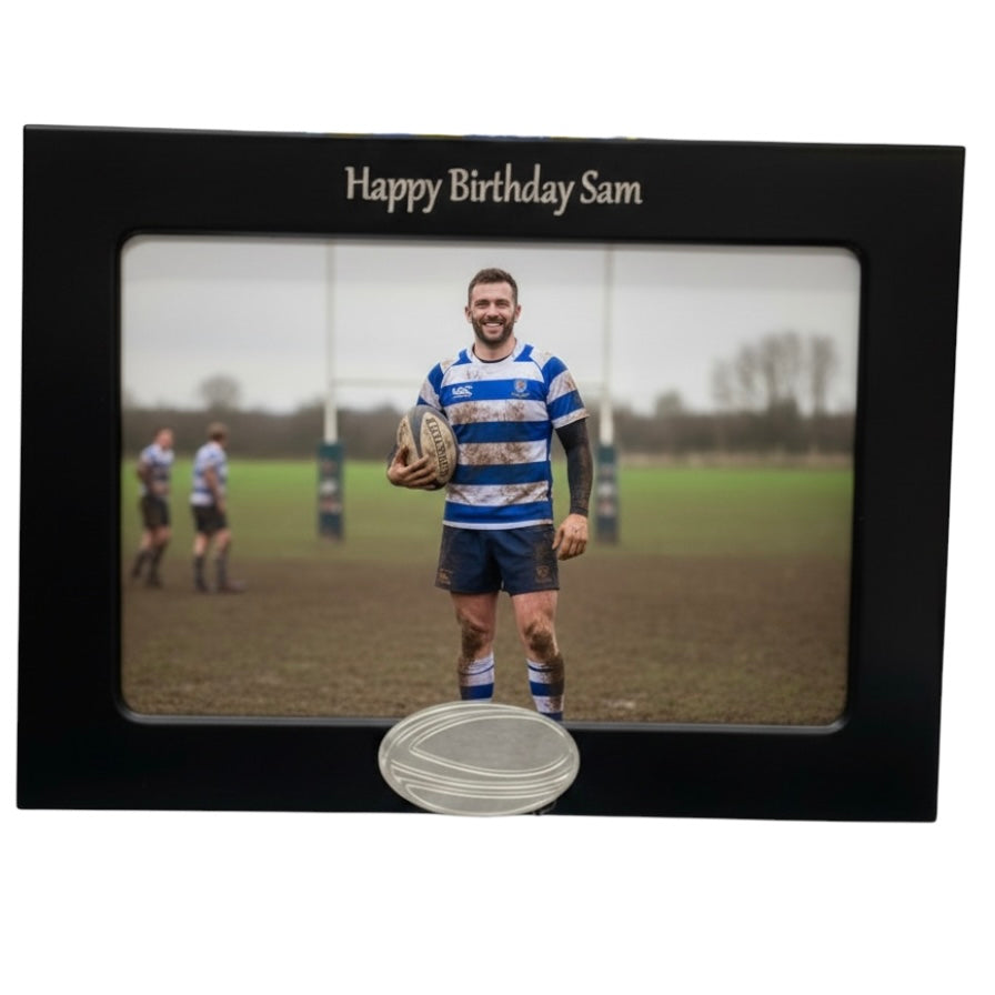 Personalised Rugby Photo Frame With Rugby Ball Motif