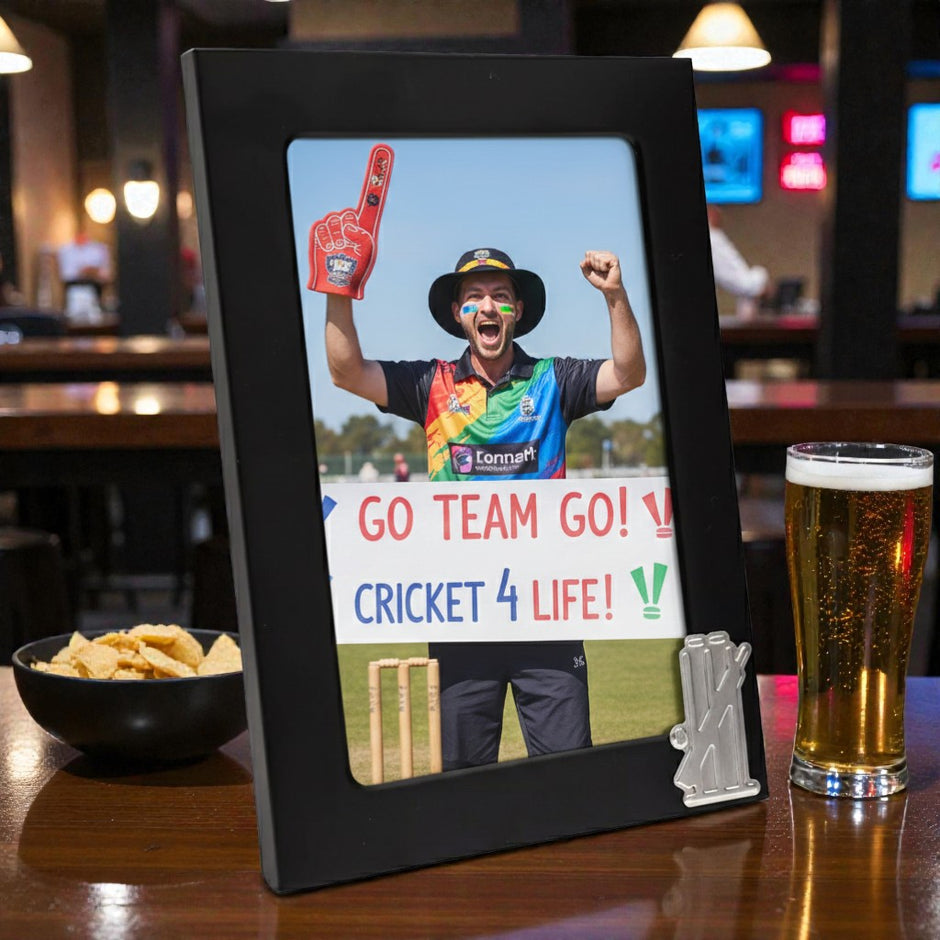 Personalised Cricket Photo Frame With Bat & Stumps Motif