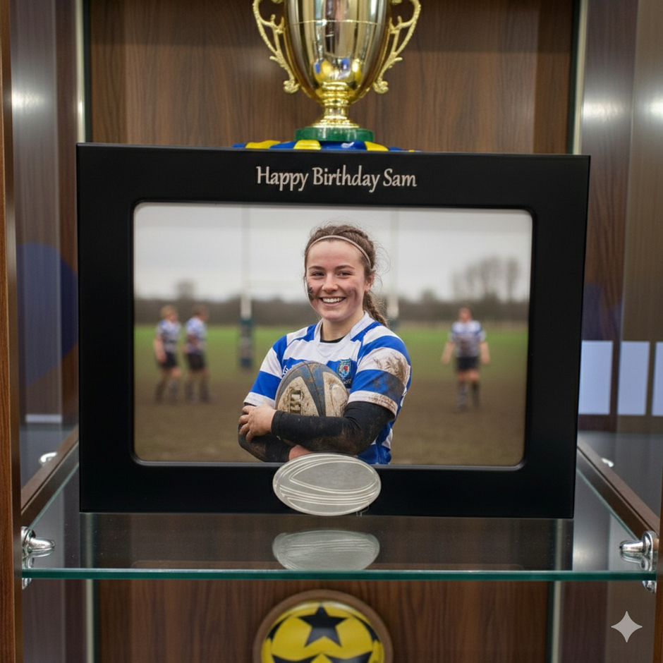 Personalised Rugby Photo Frame With Rugby Ball Motif