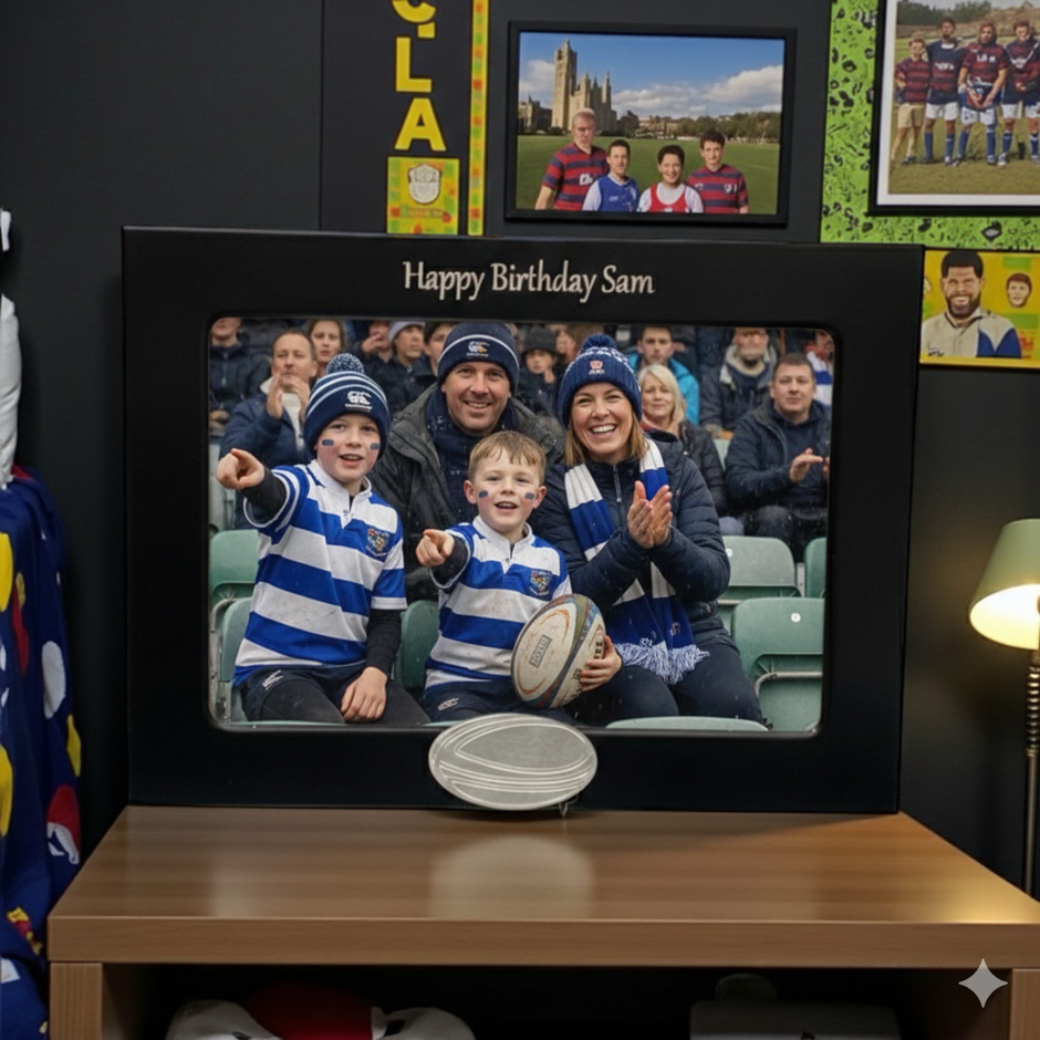 Personalised Rugby Photo Frame With Rugby Ball Motif
