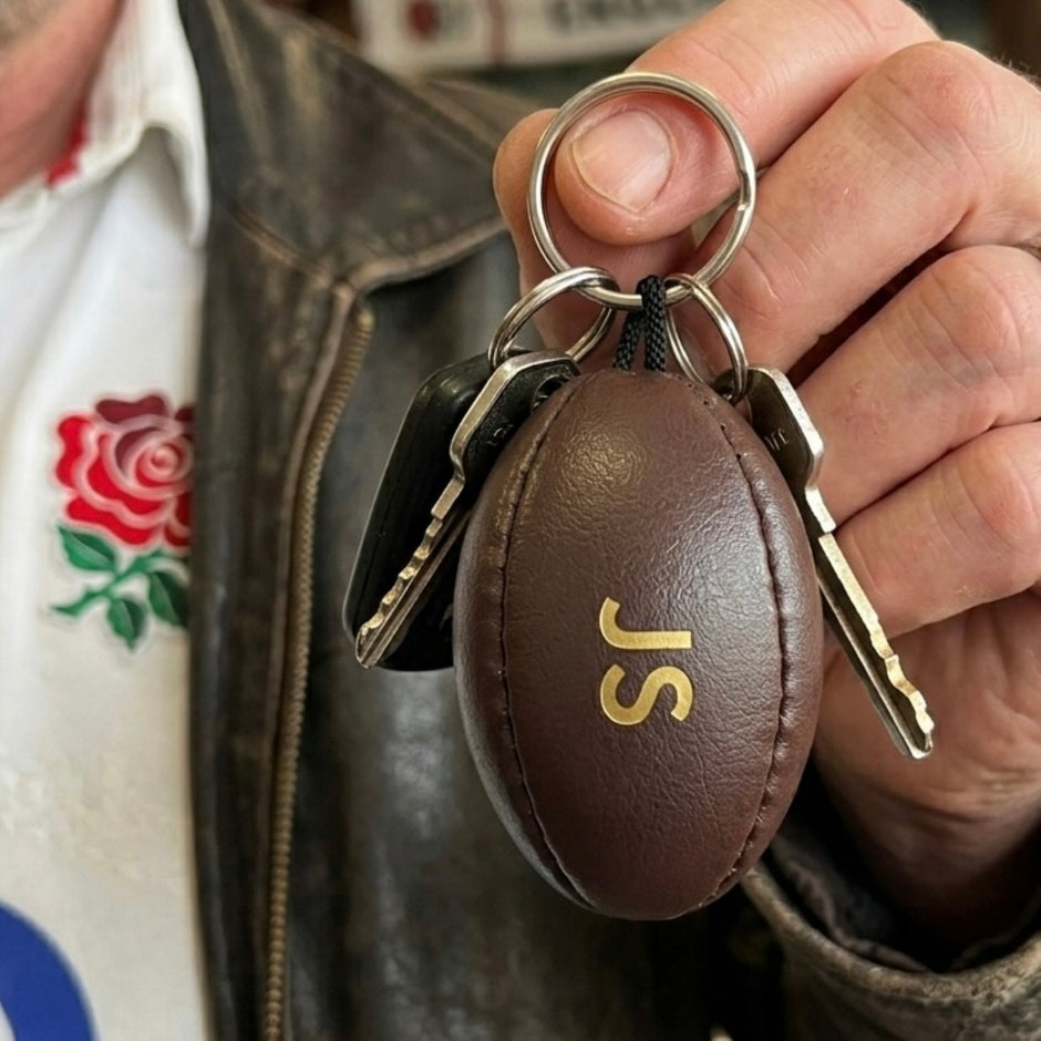 Personalised Brown Vintage Leather Rugby Ball Keyring