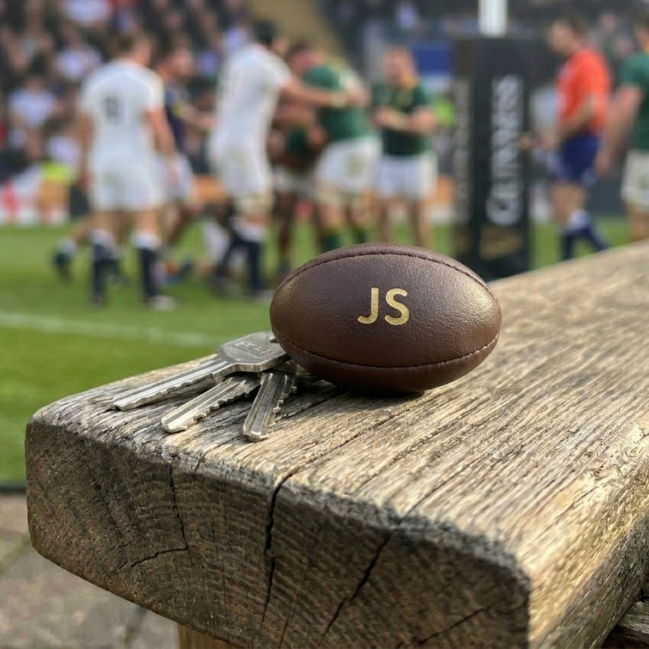 Personalised Brown Vintage Leather Rugby Ball Keyring