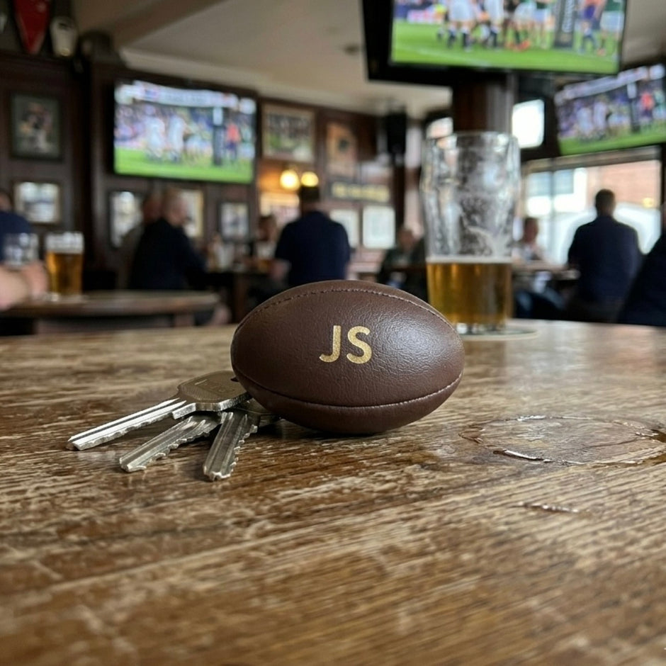 Personalised Brown Vintage Leather Rugby Ball Keyring