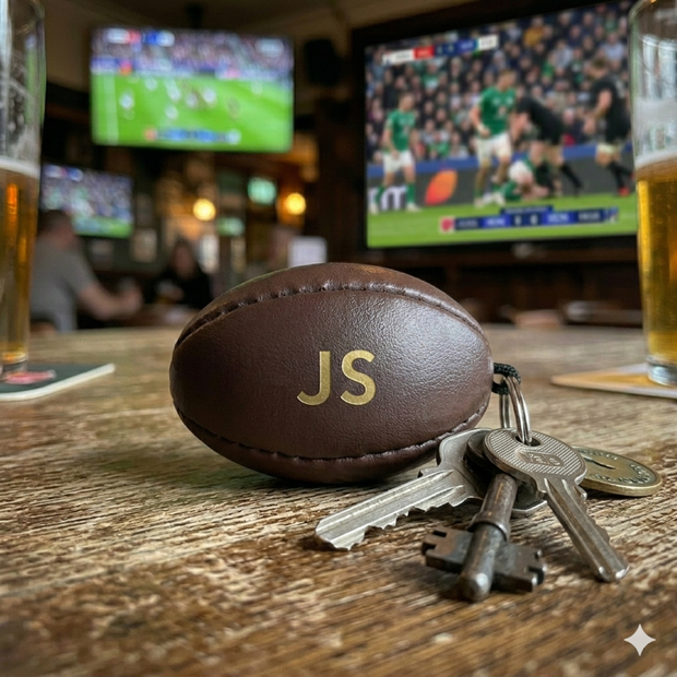 Personalised Brown Vintage Leather Rugby Ball Keyring