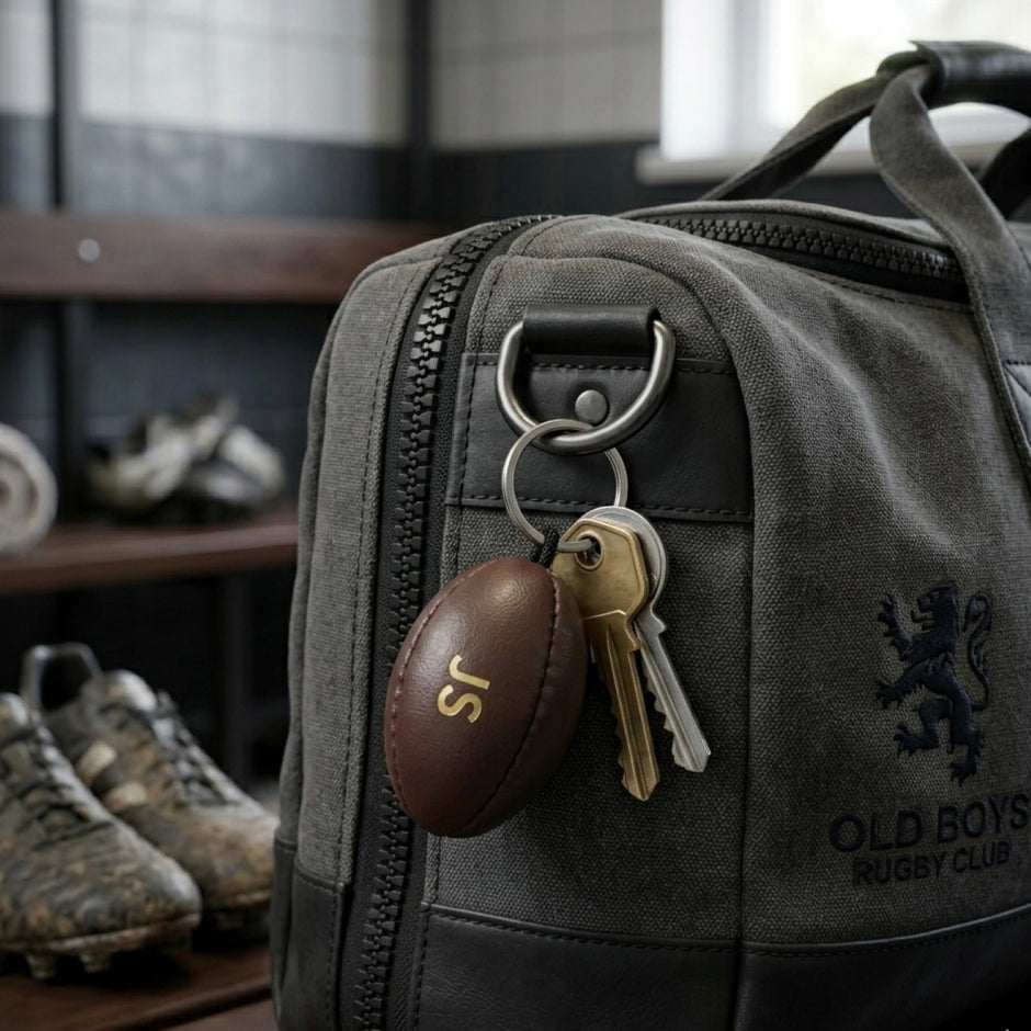 Personalised Brown Vintage Leather Rugby Ball Keyring