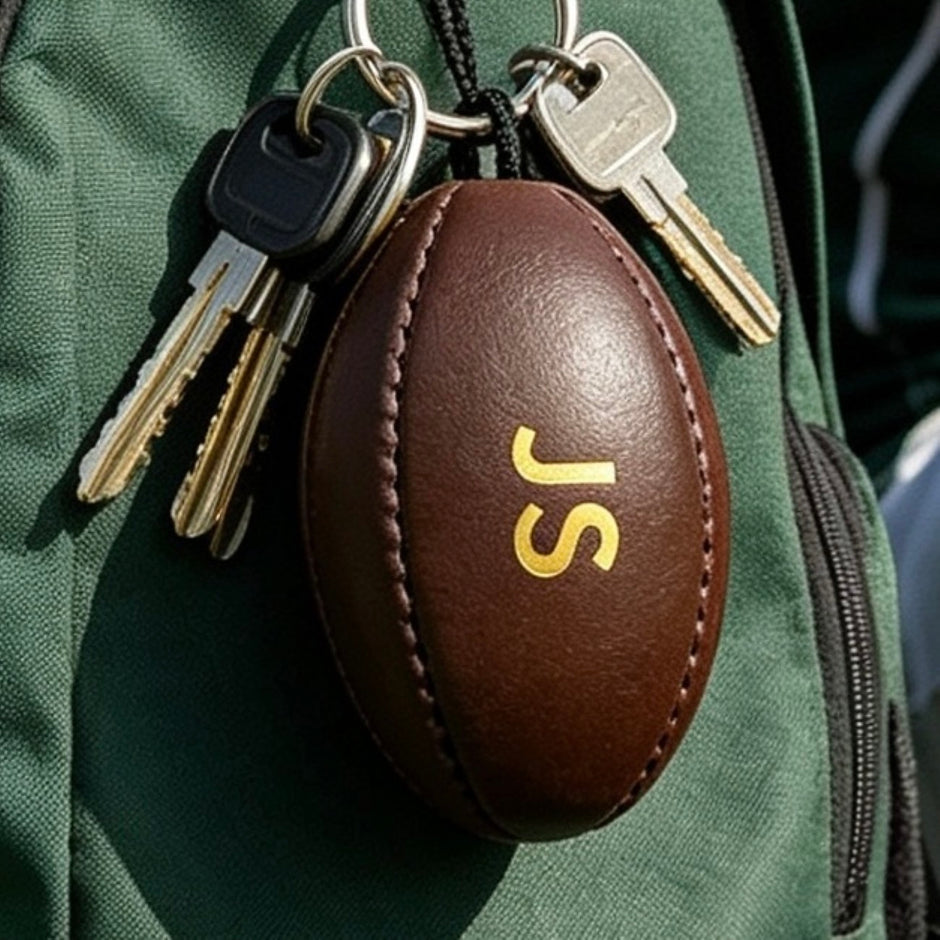 Personalised Brown Vintage Leather Rugby Ball Keyring