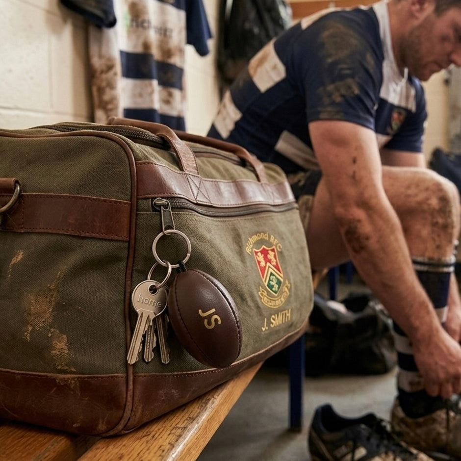 Personalised Brown Vintage Leather Rugby Ball Keyring