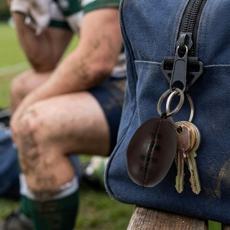 Personalised Brown Vintage Leather Rugby Ball Keyring