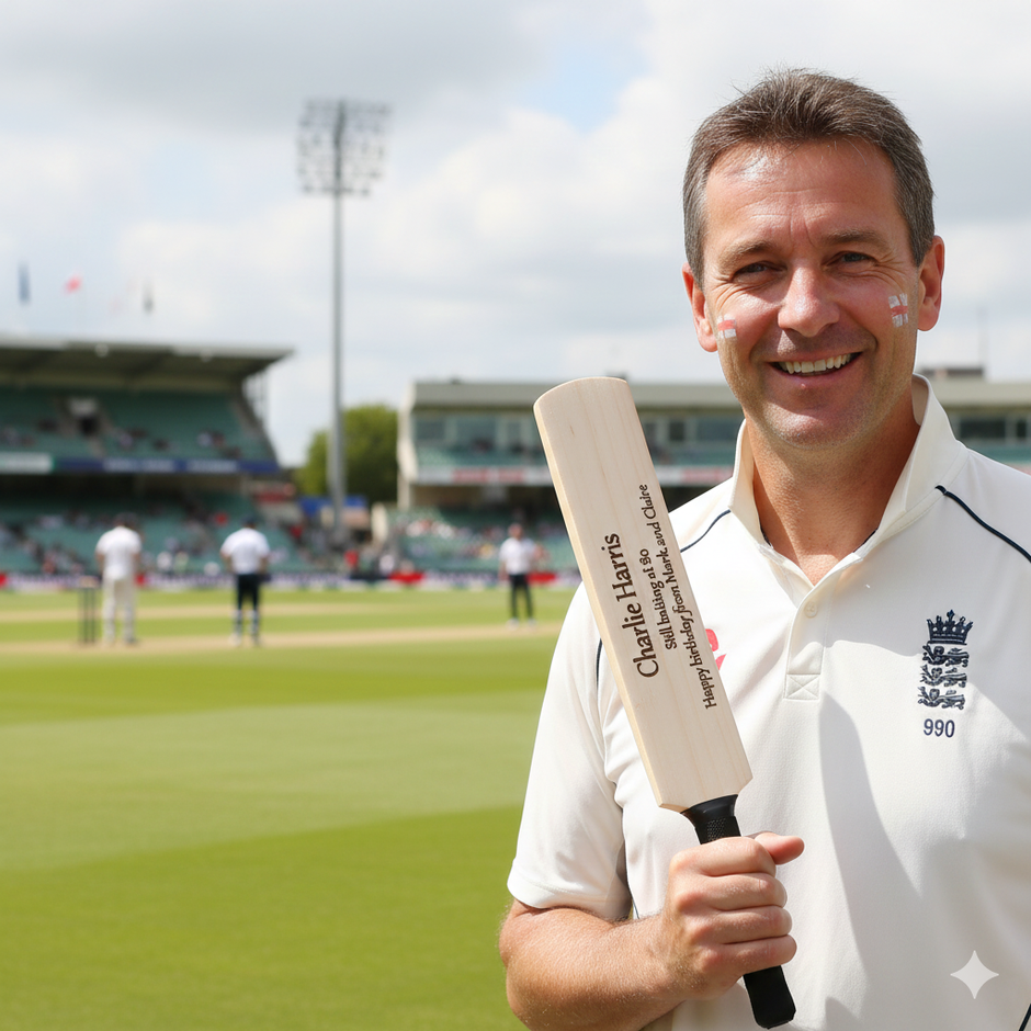 Personalised Wooden Mini Cricket Bat – Custom Engraved Gift with Free Display Stand