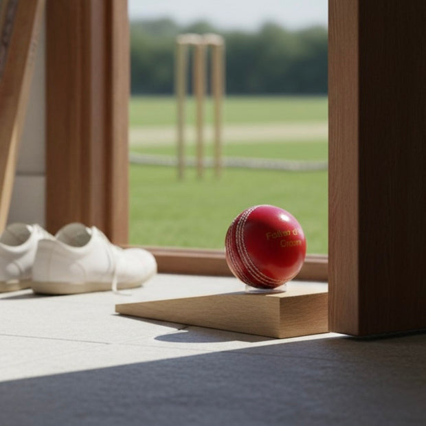Personalised Cricket Ball Doorstop – Handmade in Oak