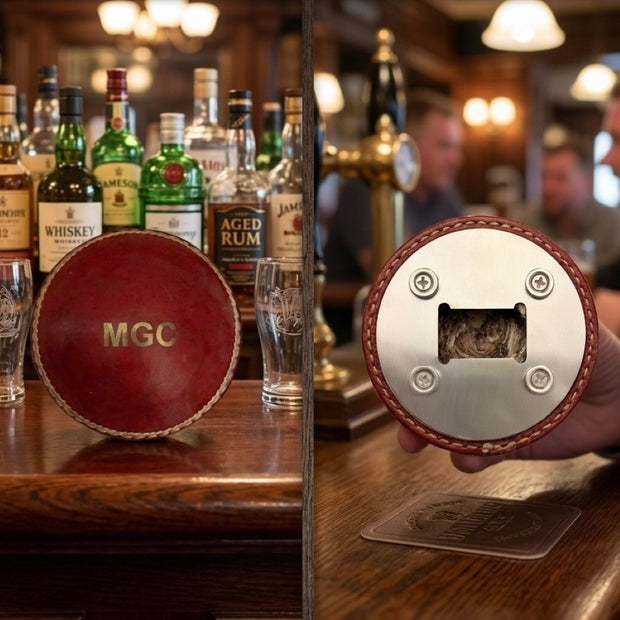Personalised Half Cricket Ball Bottle Opener - Monogrammed Leather Cricket Gift