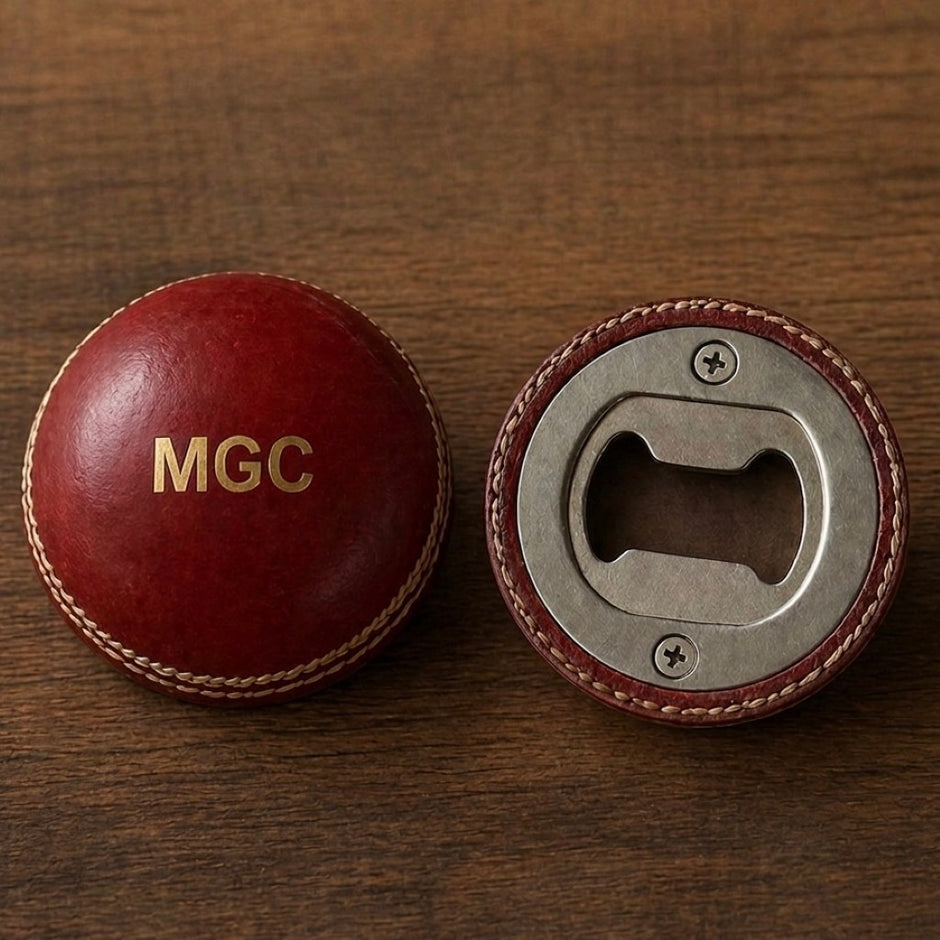 Personalised Half Cricket Ball Bottle Opener - Monogrammed Leather Cricket Gift