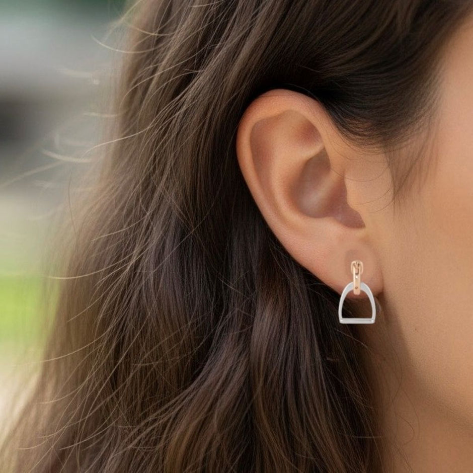 Sterling Silver & Rose Gold Equestrian Stirrup Earrings