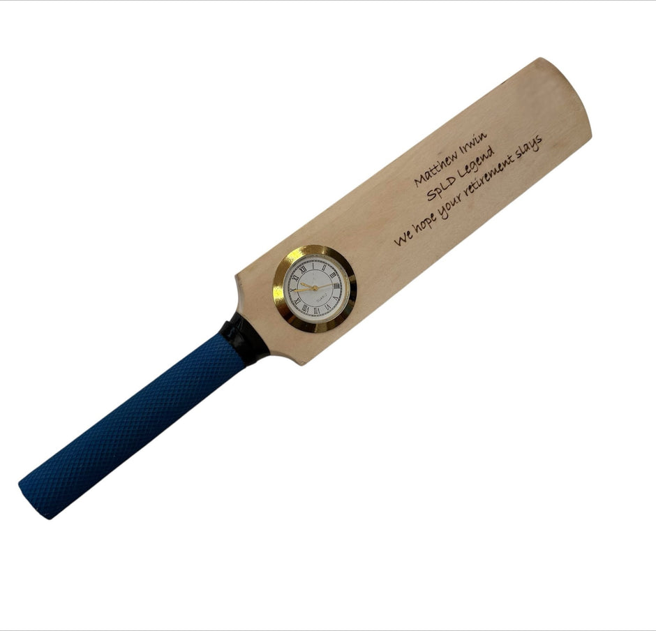 Personalised Mini Cricket Bat With Clock With Free Display Stand