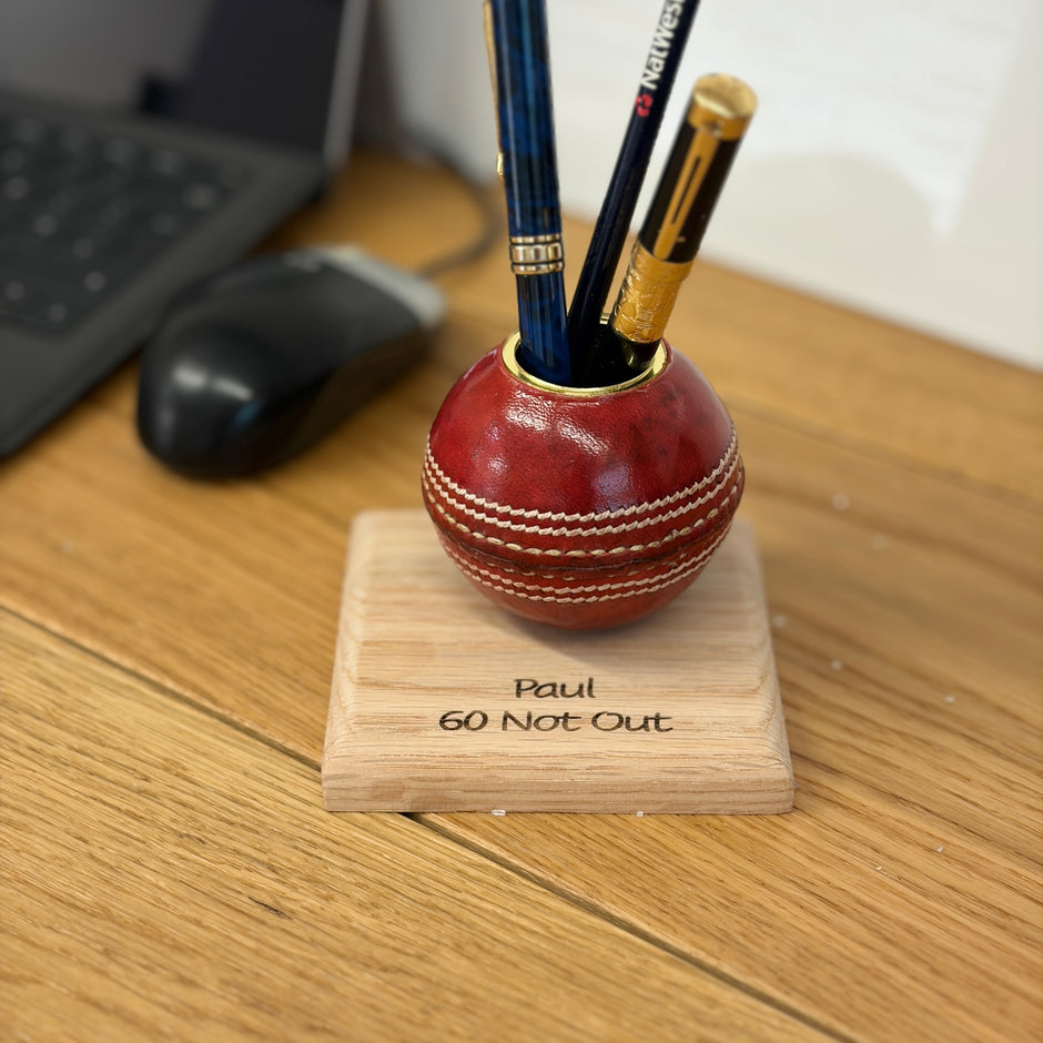 Cricket Ball Pen Holder With Personalised Oak Base | Cricketing Themed Desk Tidy