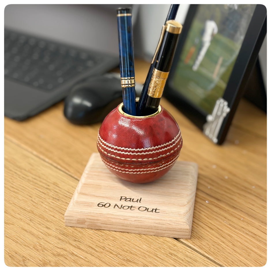 Cricket Ball Pen Holder With Personalised Oak Base | Cricketing Themed Desk Tidy