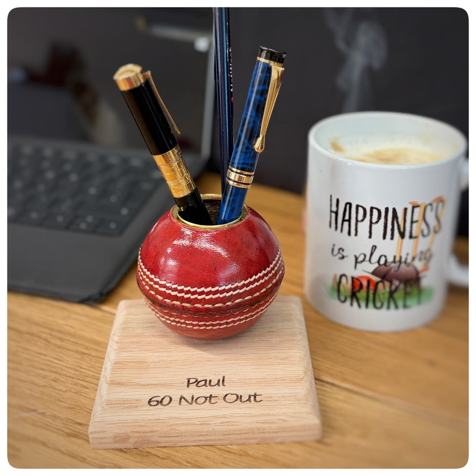 Cricket Ball Pen Holder With Personalised Oak Base | Cricketing Themed Desk Tidy