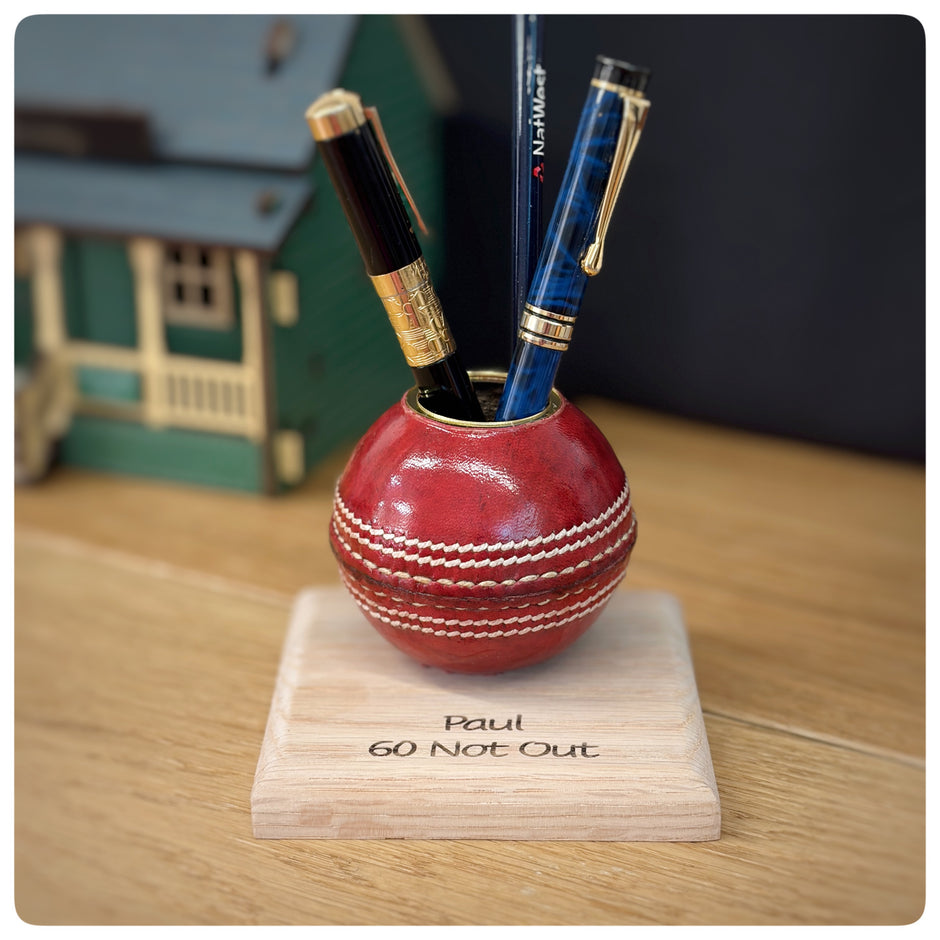 Cricket Ball Pen Holder With Personalised Oak Base | Cricketing Themed Desk Tidy