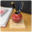 Cricket Ball Pen Holder With Personalised Oak Base | Cricketing Themed Desk Tidy