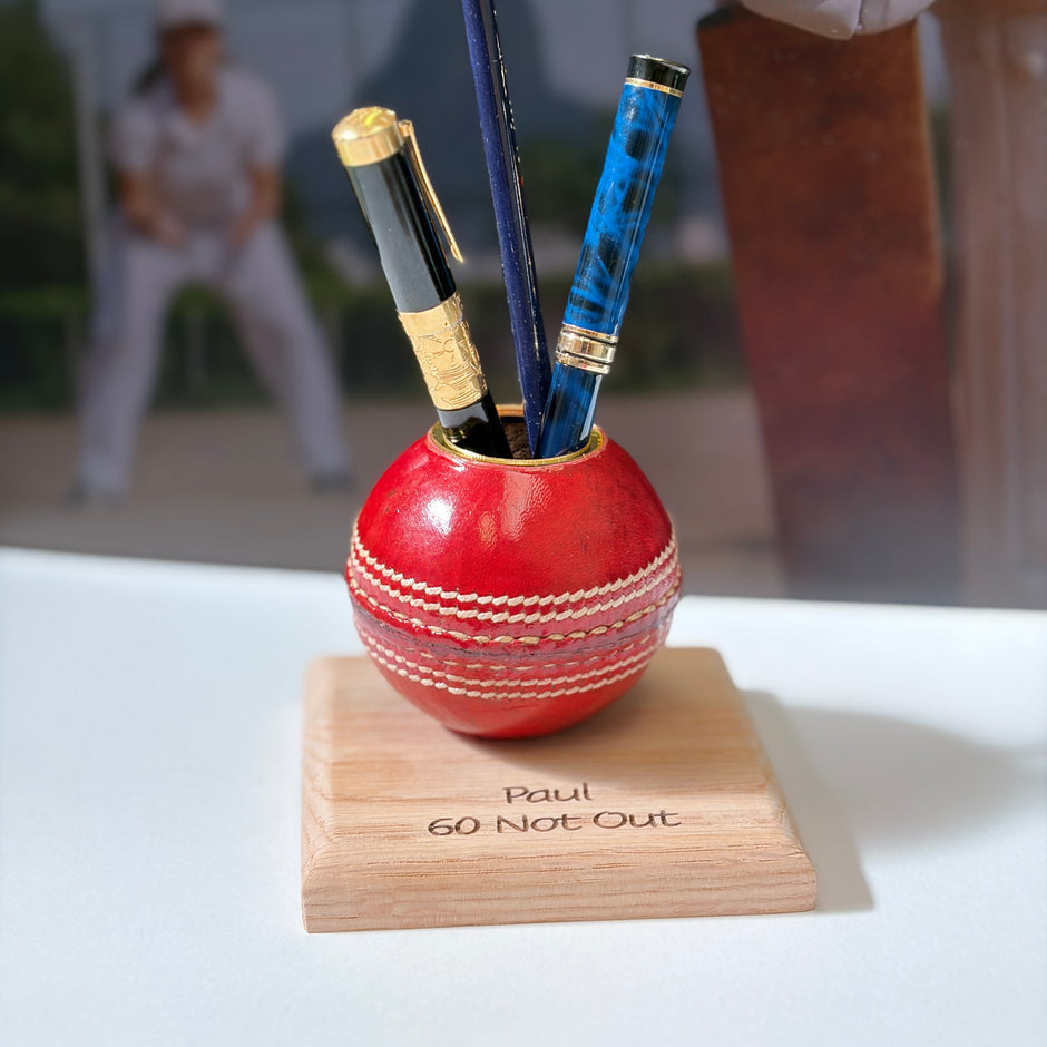 Cricket Ball Pen Holder With Personalised Oak Base | Cricketing Themed Desk Tidy