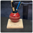Cricket Ball Pen Holder With Personalised Oak Base | Cricketing Themed Desk Tidy