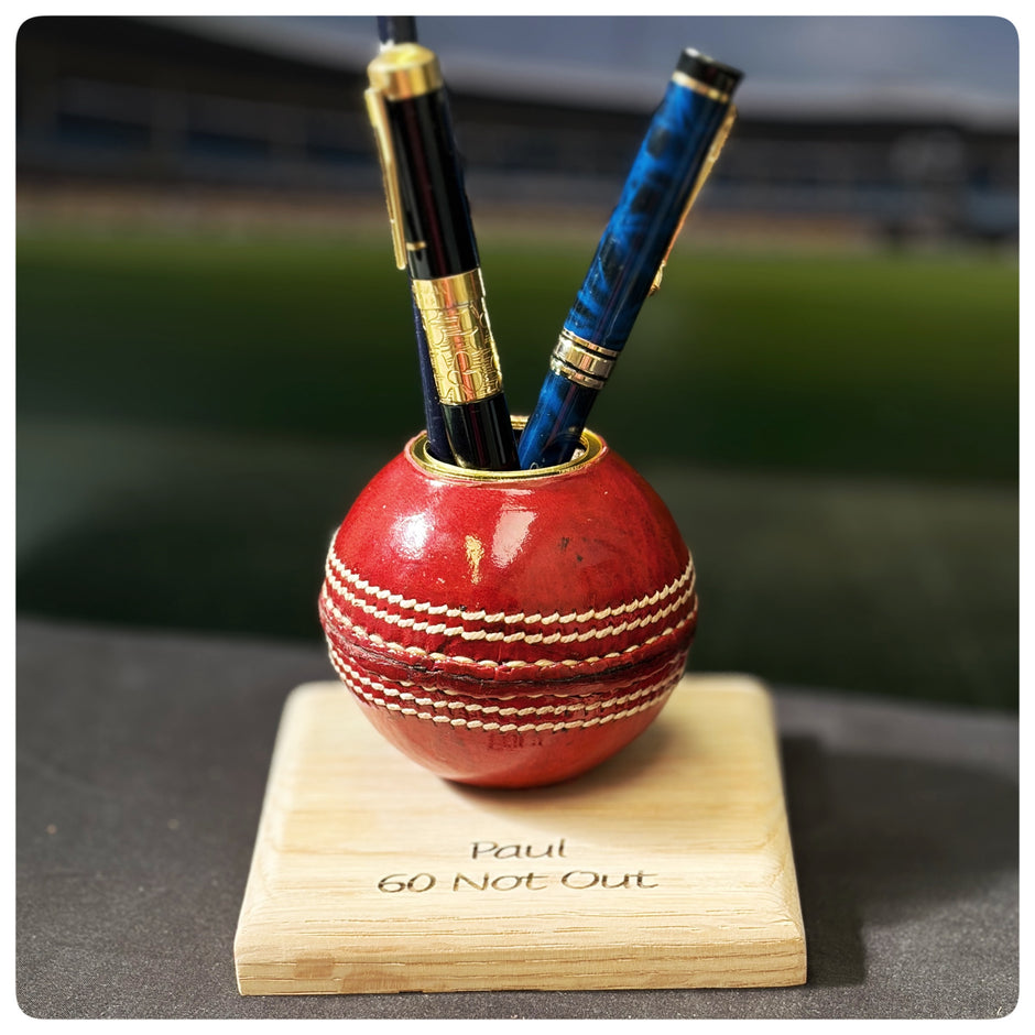 Cricket Ball Pen Holder With Personalised Oak Base | Cricketing Themed Desk Tidy