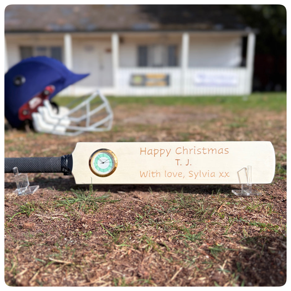 Personalised Mini Cricket Bat With Clock With Free Display Stand