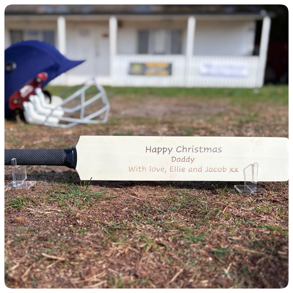 Personalised Wooden Mini Cricket Bat – Custom Engraved Gift with Free Display Stand