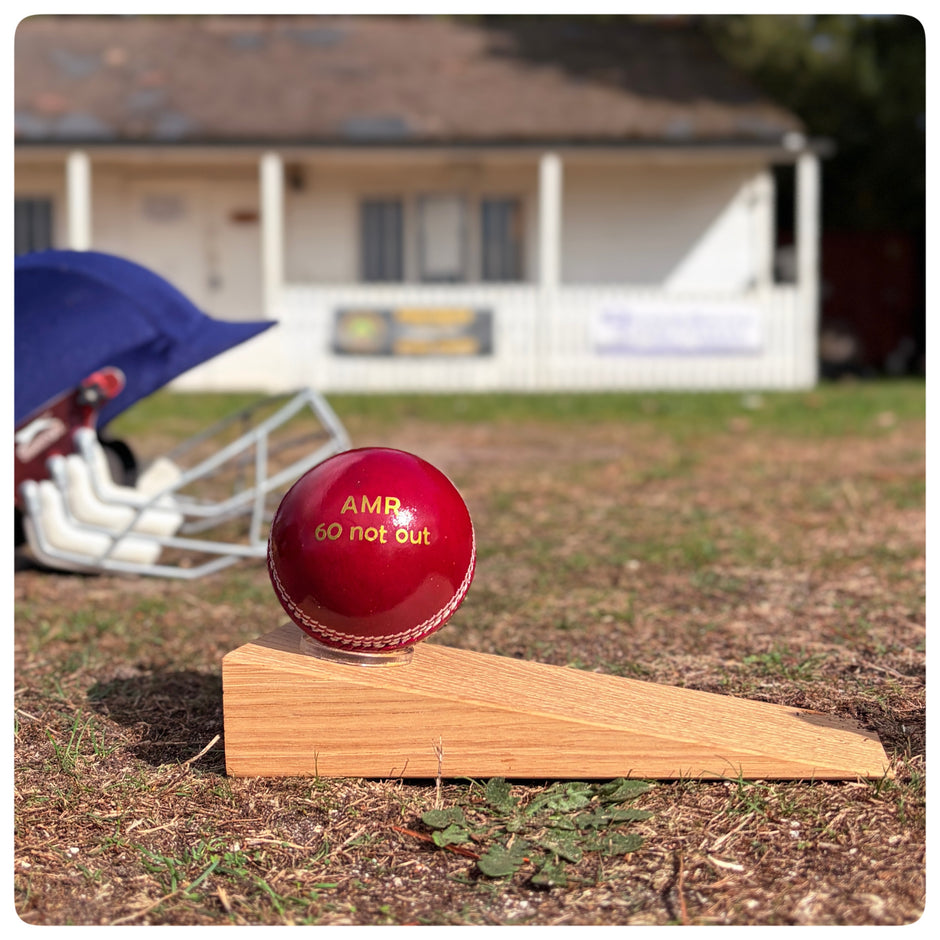 Personalised Cricket Ball Doorstop – Handmade in Oak