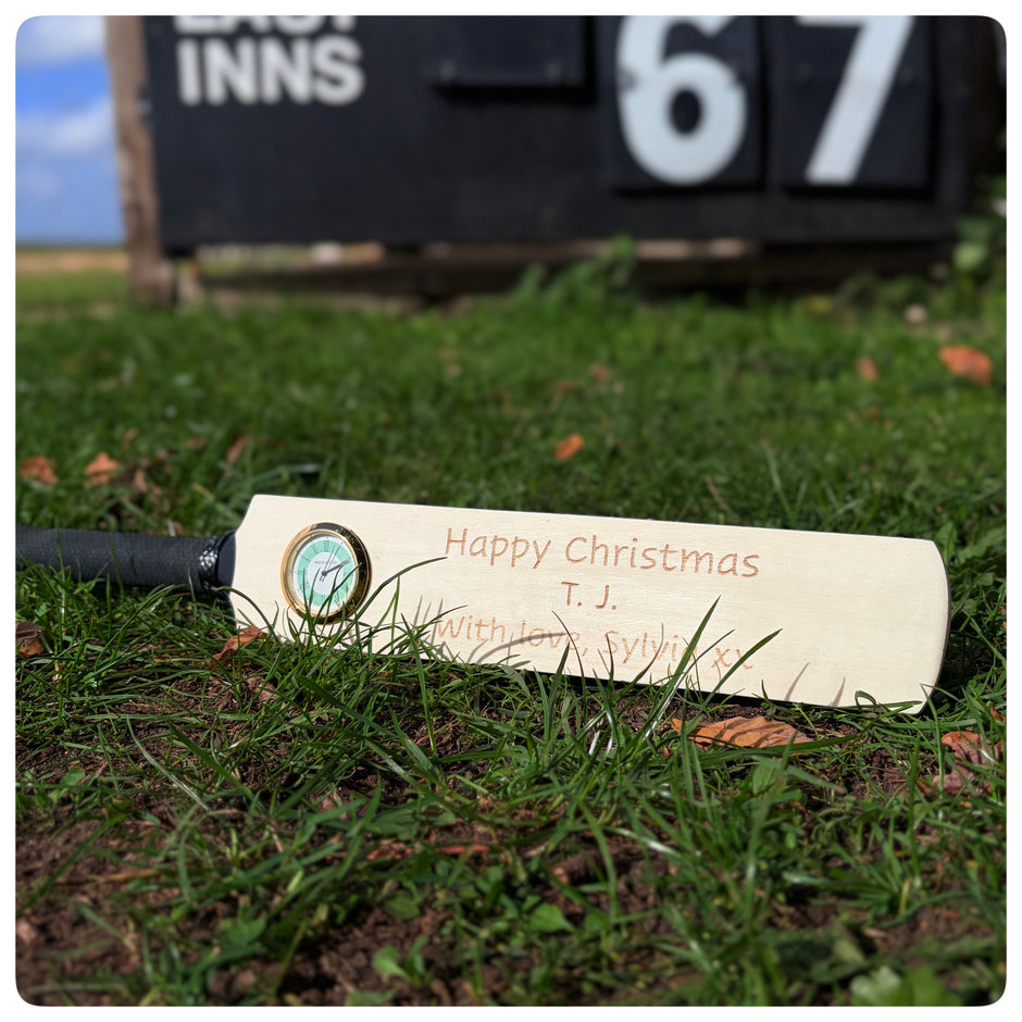 Personalised Mini Cricket Bat With Clock With Free Display Stand