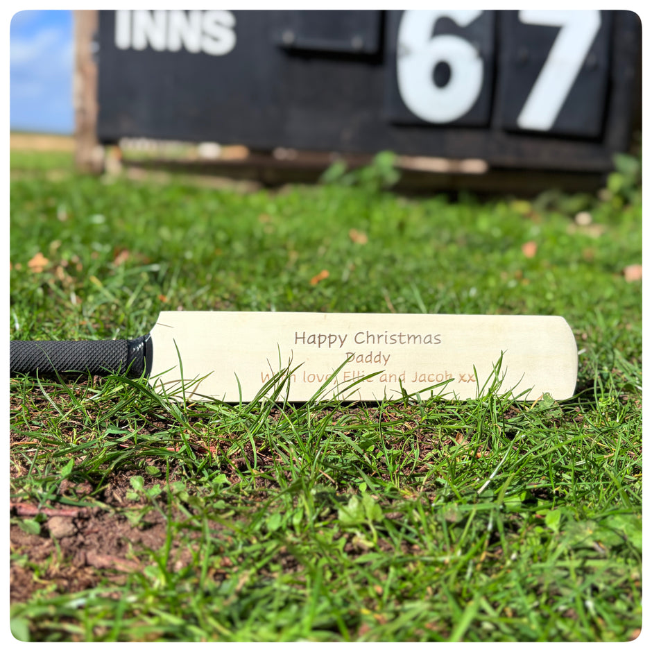 Personalised Wooden Mini Cricket Bat – Custom Engraved Gift with Free Display Stand