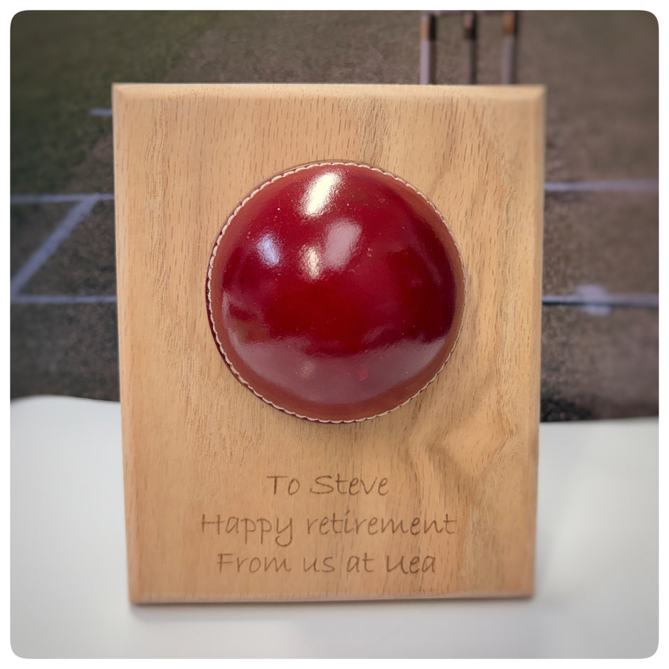 Personalised Cricket Ball Gift On Solid Oak Plaque | Cricket Award | End Of Season Prize