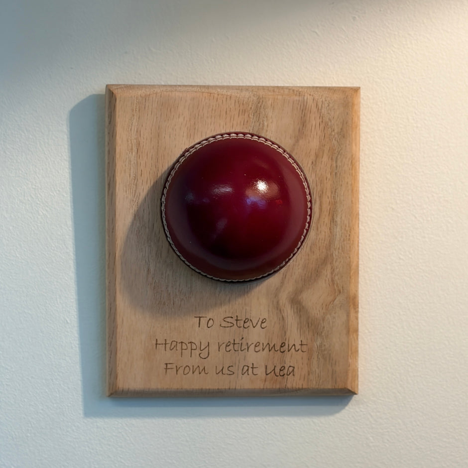 Personalised Cricket Ball Gift On Solid Oak Plaque | Cricket Award | End Of Season Prize
