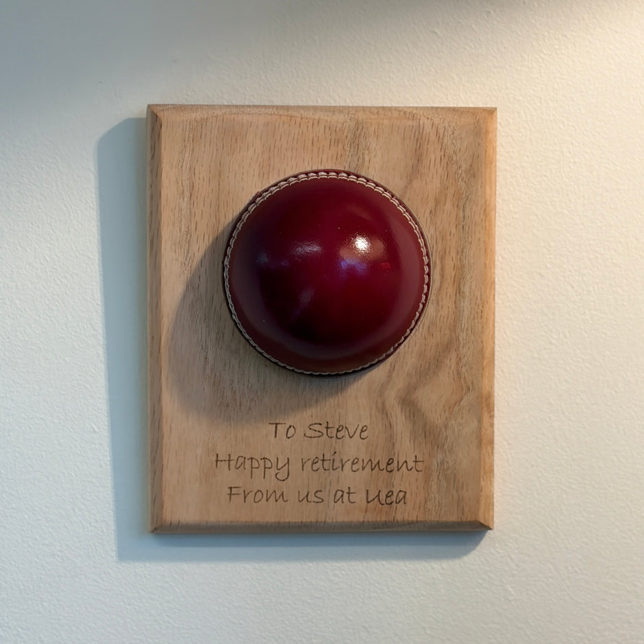 Personalised Cricket Ball Gift On Solid Oak Plaque | Cricket Award | End Of Season Prize