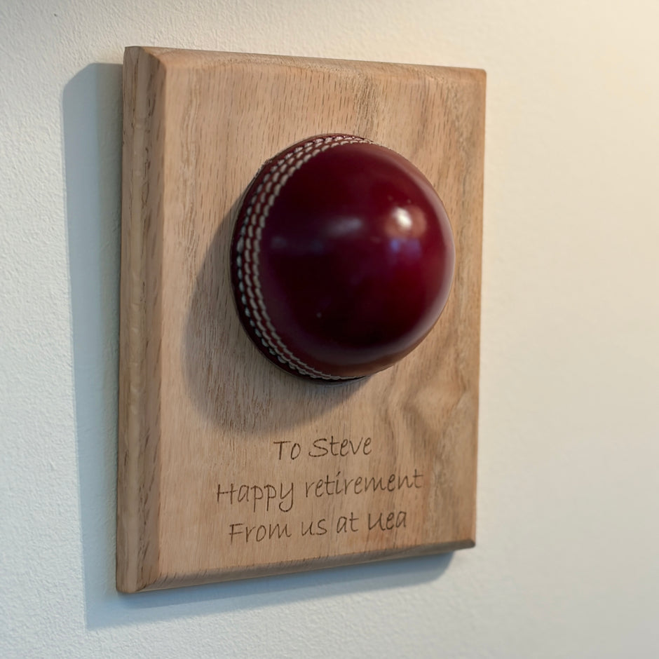 Personalised Cricket Ball Gift On Solid Oak Plaque | Cricket Award | End Of Season Prize