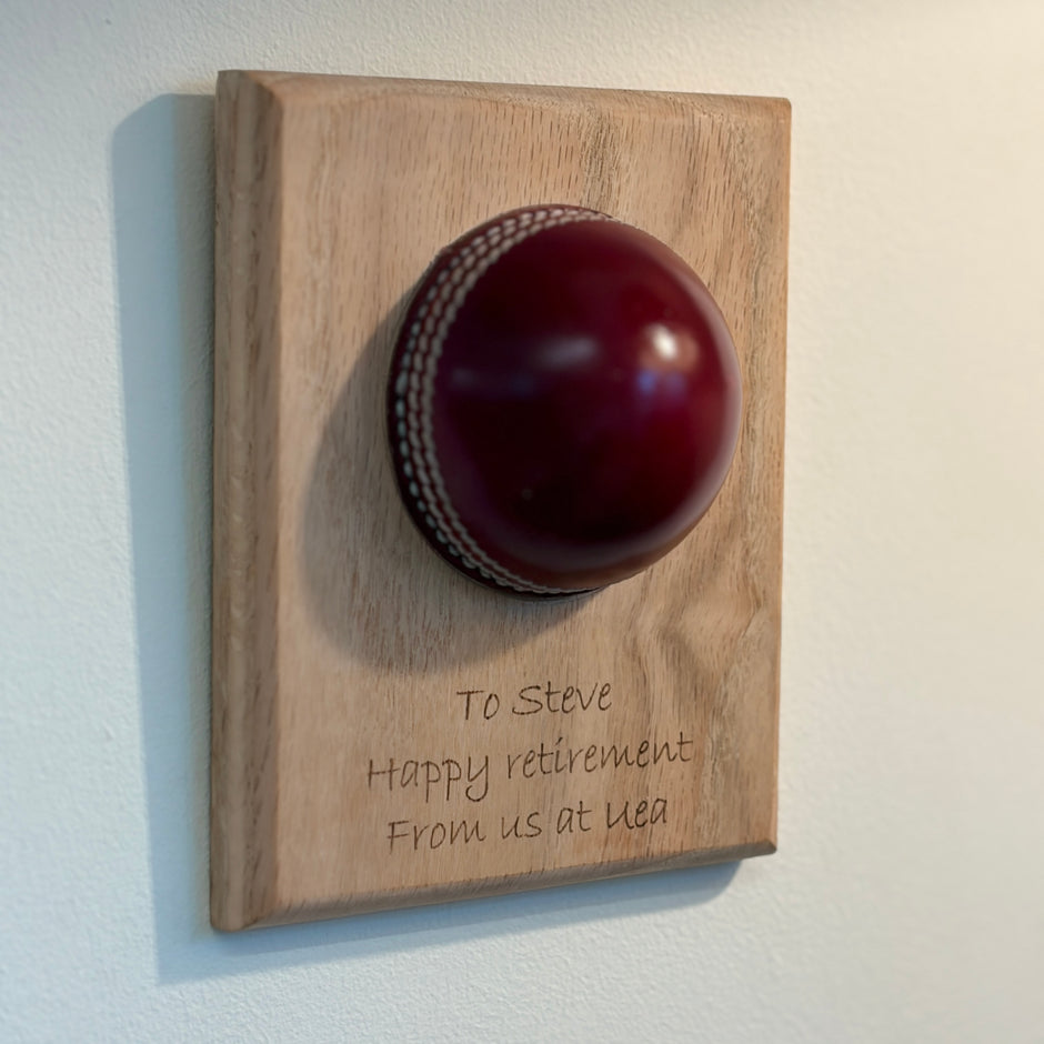 Personalised Cricket Ball Gift On Solid Oak Plaque | Cricket Award | End Of Season Prize