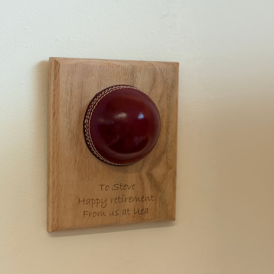 Personalised Cricket Ball Gift On Solid Oak Plaque | Cricket Award | End Of Season Prize