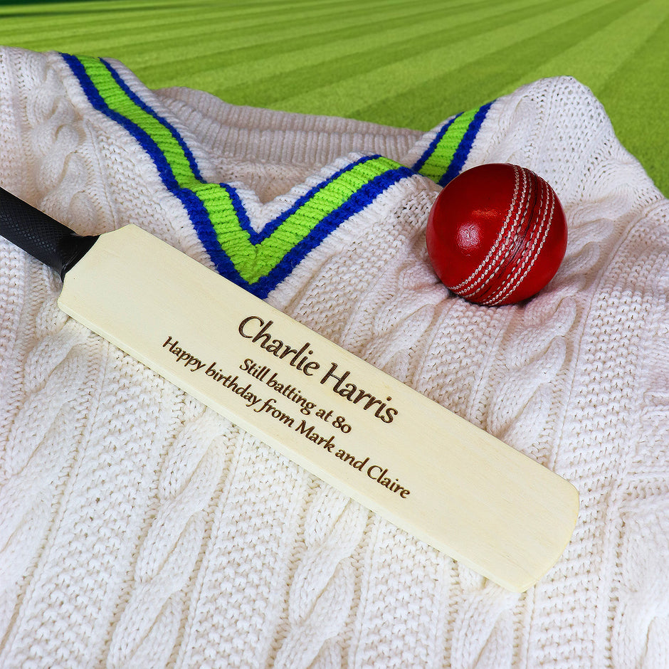 Personalised Wooden Mini Cricket Bat – Custom Engraved Gift with Free Display Stand