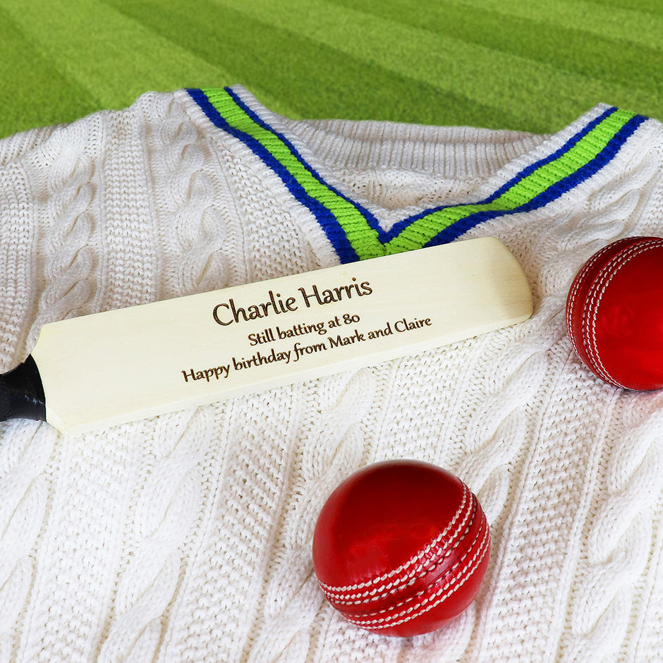 Personalised Wooden Mini Cricket Bat – Custom Engraved Gift with Free Display Stand