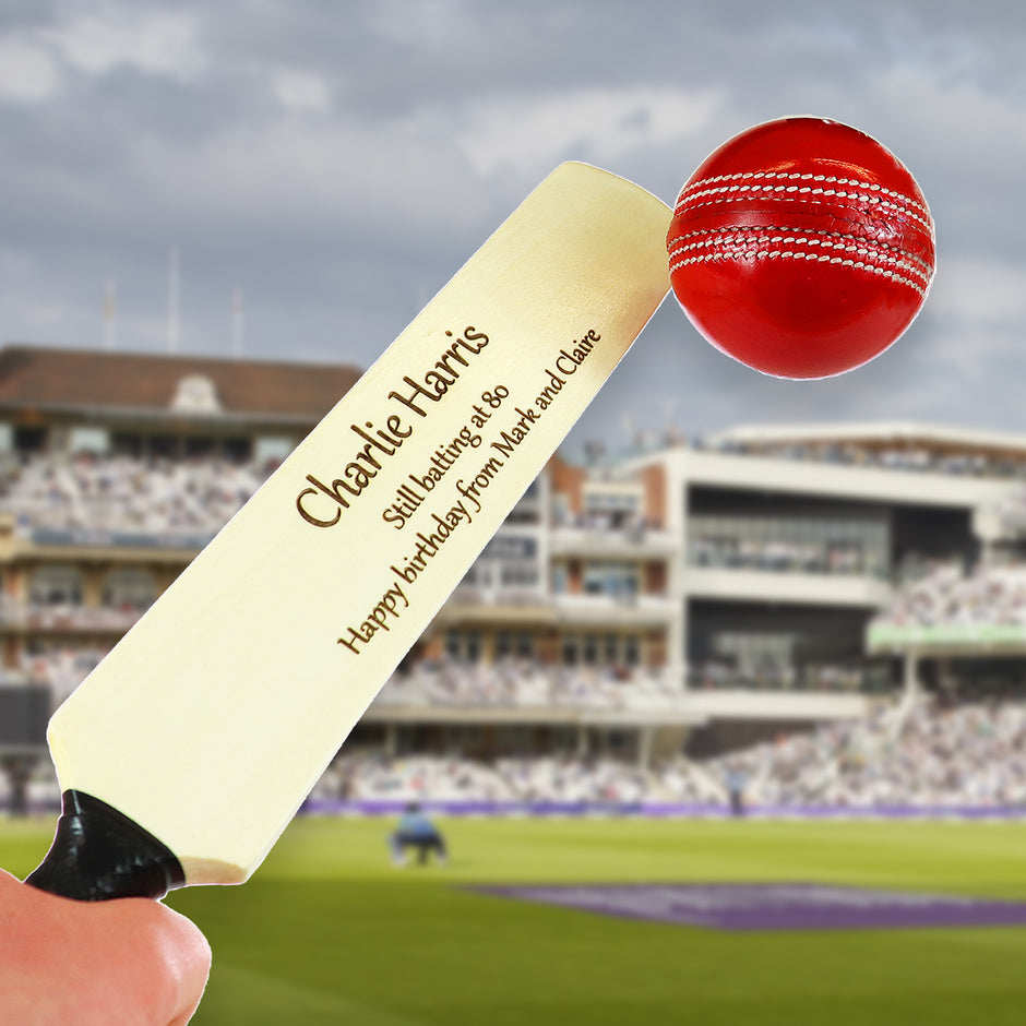 Personalised Wooden Mini Cricket Bat – Custom Engraved Gift with Free Display Stand