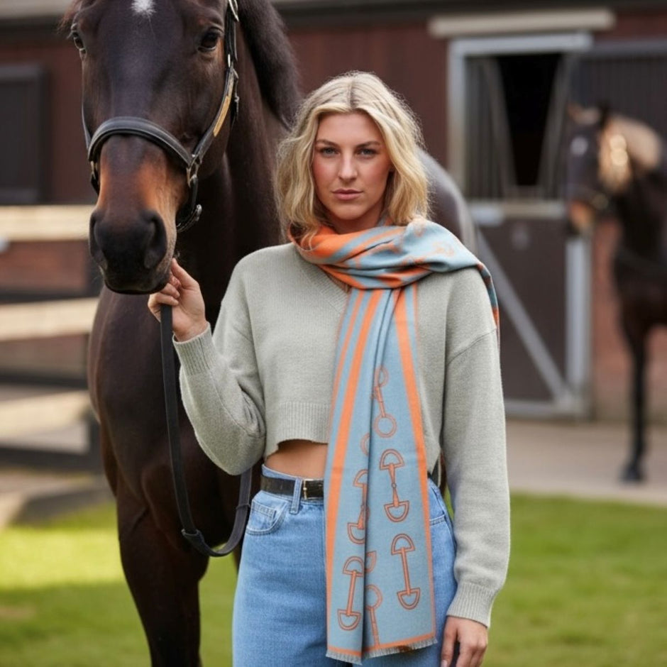 Snaffle Bit Print Scarf (Petrol Blue & Orange)