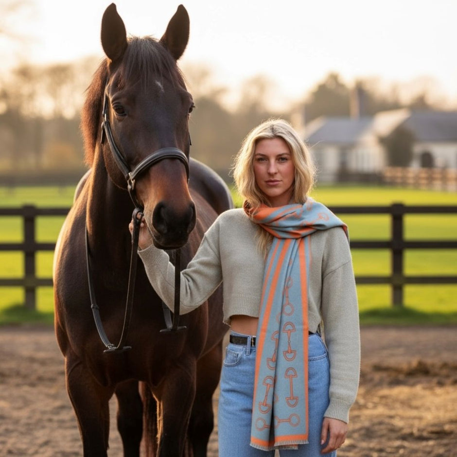 Snaffle Bit Print Scarf (Petrol Blue & Orange)